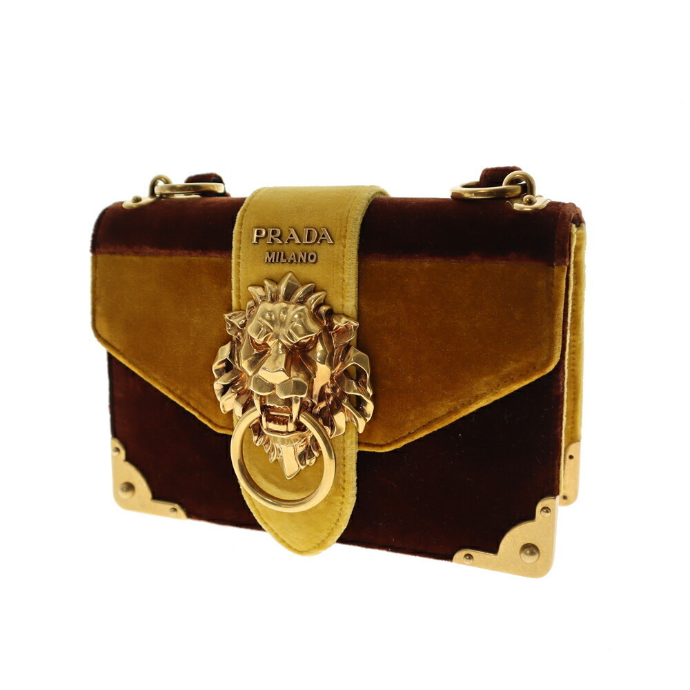 Prada Chain Shoulder Bag Velvet Yellow Brown - Picture 1 of 9